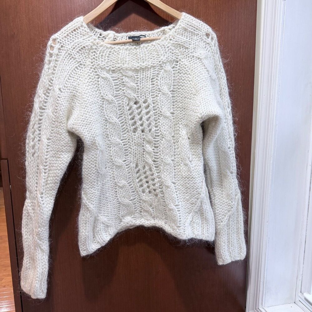 H&M Cable Knit Mohair Blend Sweater Womens Small Cream Ivory Chunky Cozy Cottage